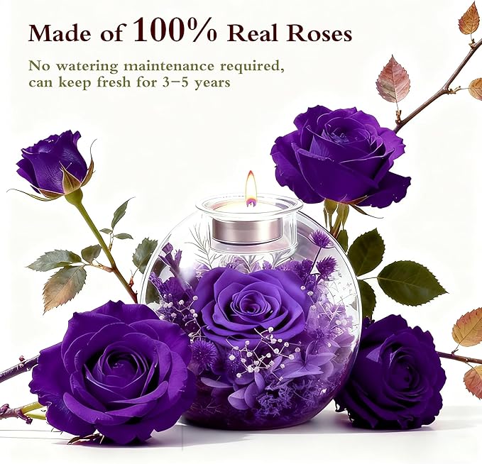 Forever Real Roses in Glass with Scented Candle, Christmas Gift Ideas Preserved Flower Christmas Gifts for Women Her Girlfriend Wife Mom on Valentines Birthday Anniversary Purple