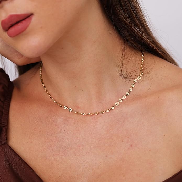 14K Gold Necklace for Women, Womens Dainty Chain Necklace Plated Shining Dots Satellite Choker Box Chain, Women Layering Necklaces