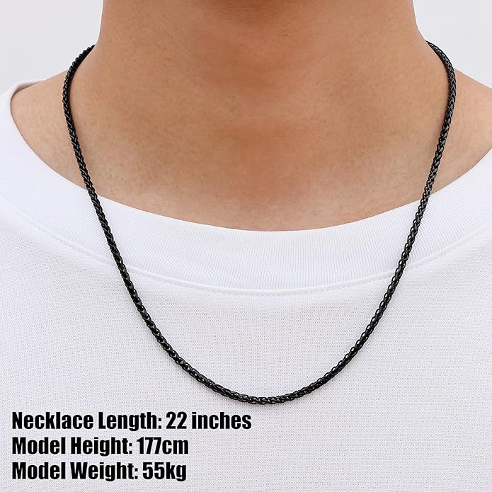Fiusem Wheat Chains for Men and Women, 2/2.5/3/4/5mm Silver Tone/14K Gold Plated/Black Necklace Chain, Stainless Steel Mens Necklace 16-28 Inch