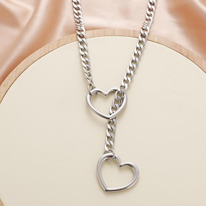 Heart Slip Chain Necklaces for Women,Stainless Steel O-Ring Adjustable Lariat Y-Necklace,Punk Gothic Cuban Collar Choker Necklace for women