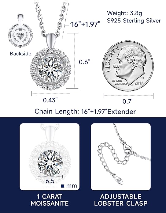 MomentWish Necklace for Women, Sparkling Gift for Her, 1Carat Moissanite Heart Pendent for Her, 925 Sterling Silver Dance Necklace for Anniversary Christmas Valentines
