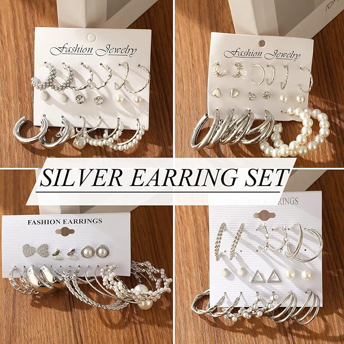 FAXHION 36 Pairs Gold Earrings Set for Women, Fashion Pearl Chain Link Stud Drop Dangle Earrings Multipack Hoop Earring Packs, Hypoallergenic Earrings for Birthday Party Jewelry
