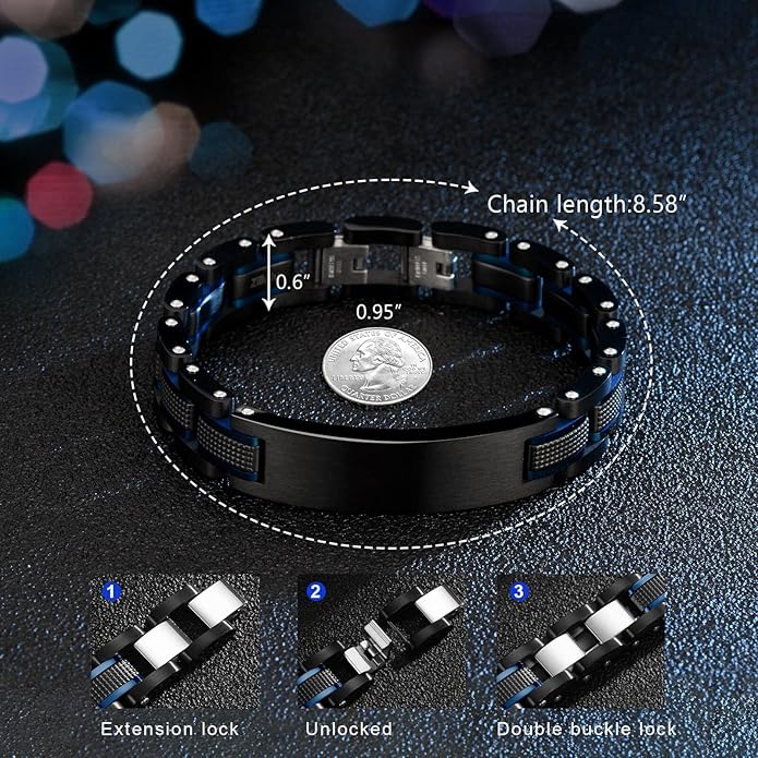 Holizaly Men's Stainless Steel Two Tone Square Link Bracelet, Black and Blue Ion Plated Black