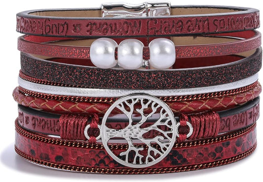 FANCY SHINY Tree of Life Leather Wrap Bracelet Inspirational Cuff Bangles Boho Pearl Bracelets with Magnetic Clasp Unique Jewelry Gifts for Women