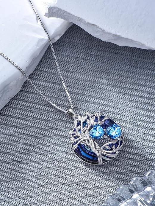TOUPOP s925 Sterling Silver Family Celtic Tree of Life Pendant Necklaces with 2 Heart Birthstone with Blue Austrian Crystal Jewelry Birthday Anniversary Christmas Gifts for Her Wife Girlfriend Mom (18K Real White Gold Filled)