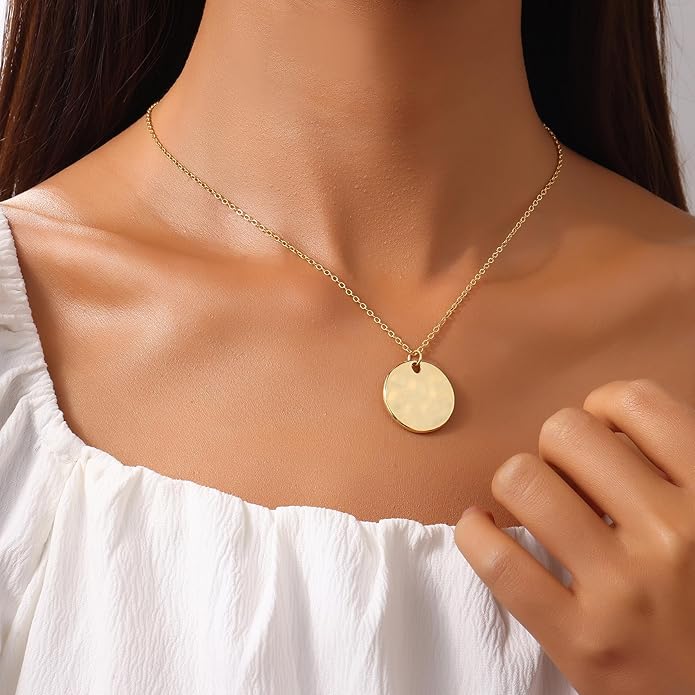 Gold Pendant Necklaces for Women, Gold Plated Pendant Necklace, Fashionable Hammered Pendant Necklaces Simple Multiple Shapes Necklace for Women Unique Gift