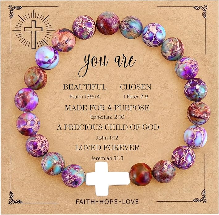 VIBILIA Cross Beaded Bracelets for Women, Inspirational Natural Heart Religious Bracelets for Women, Birthday Christian Gifts for Women on Thanksgiving Christmas Gifts