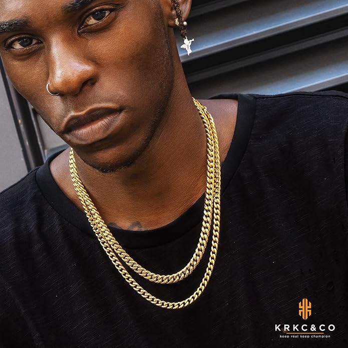 KRKC&CO Cuban Link Chain for Men 8/10/12/14mm, Brithday Gift for Men, 18k Gold Miami Necklace, Durable, Anti-Allergies Hip Hop Jewelry for Mens