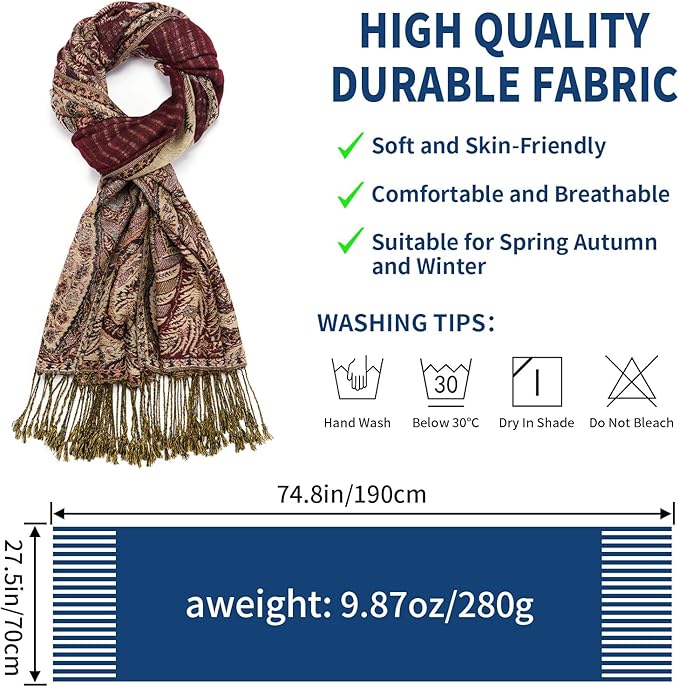 QIUTIMIY Paisley Pashmina Shawl Wrap Women Reversible Vintage Jacquard Pashmina Rave Scarf with Fringe for Evening, Wedding