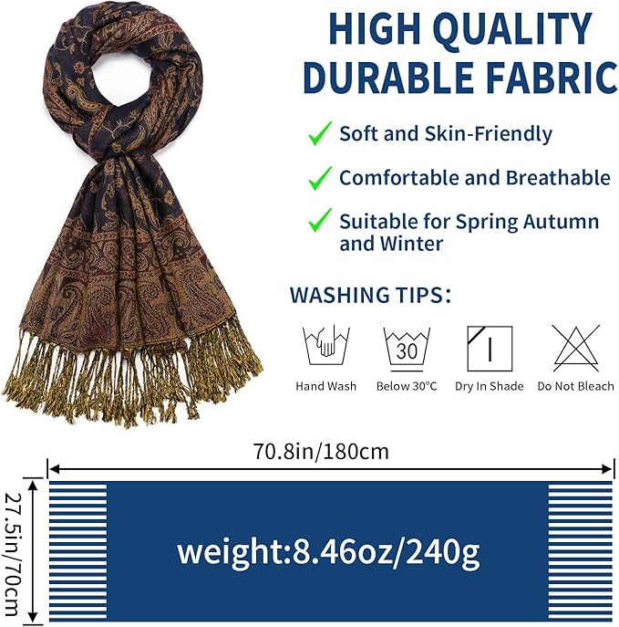 QIUTIMIY Paisley Pashmina Shawl Wrap Women Reversible Vintage Jacquard Pashmina Rave Scarf with Fringe for Evening, Wedding