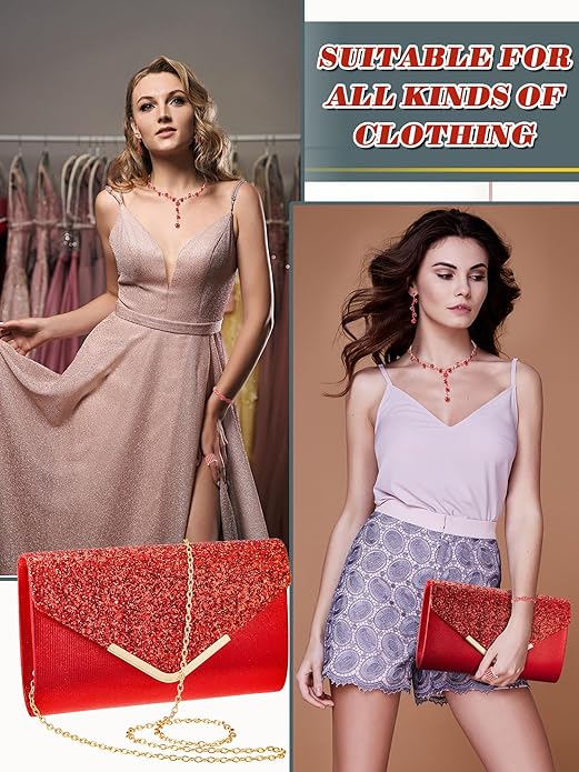 Henoyso 5 Pcs Purse Rhinestone Jewelry Set Prom Jewelry Rhinestone Clutch Purse Necklace Earrings Bracelets for Women Bride