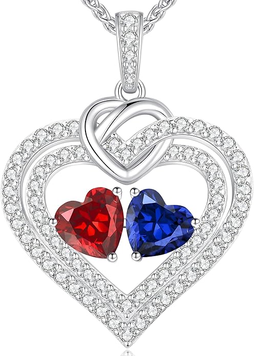 LOUISA SECRET Sparkling Double Heart Birthstone Necklaces for Women, 925 Sterling Silver Fine Jewelry, Pendant Heart Necklaces Birthday Anniversary Christmas Gift for Women Wife Mom Girlfriend Lady