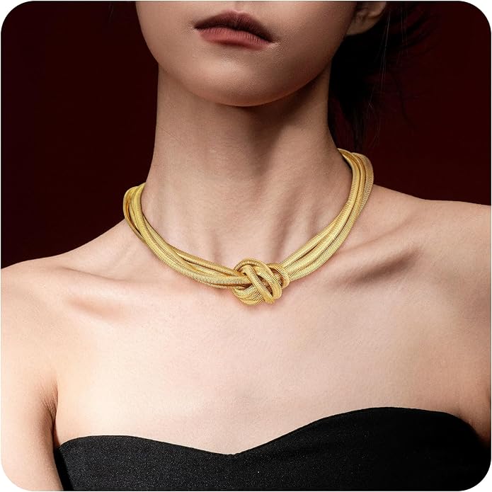 Chunky Gold Choker Necklace for Women, 14K Gold Plated Snake Chain Statement Necklace Triple Twsited Layered Choker Necklaces Jewelry Gifts