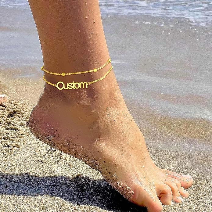 U7 Custom Layered Ankle Bracelets for Women Stainless Steel Bead/Cuban/Figaro/Rope/Wheat Chain Anklet Waterproof Anklet Jewelry for Beach Vacation