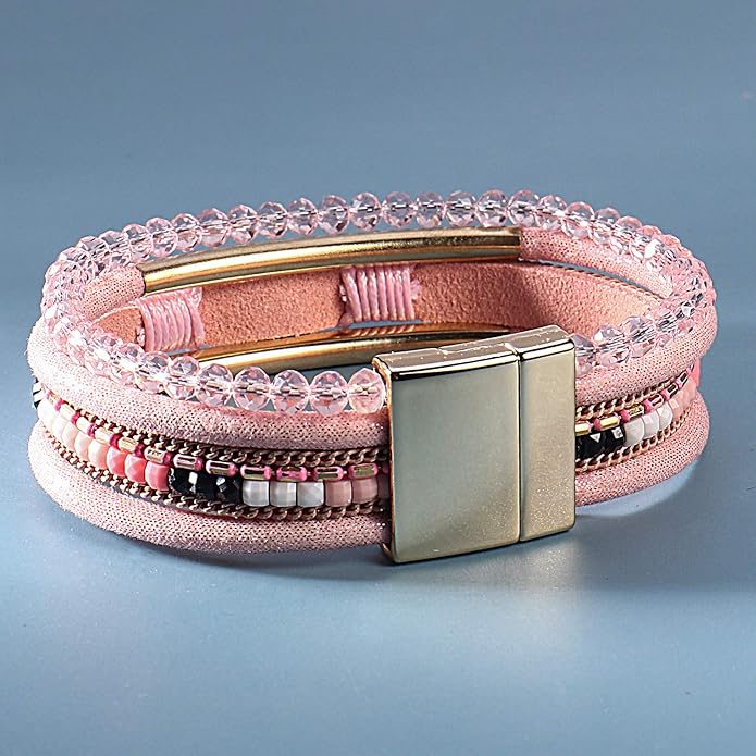 FANCY SHINY Leather Wrap Bracelets Crystal Beads Bracelet Boho Cuff Stone Charm Bracelets with Clasp Costume Jewelry for Women