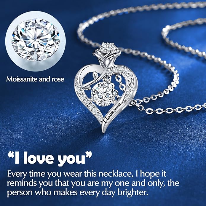 DWWGE Rose Heart Pendant Necklace Gifts for Wife, Engraved 'I love you' Gift for Wife Girlfriend, Anniversary Birthday Eternity Jewelry Present for Women, Moissanite Necklace Gift for Her