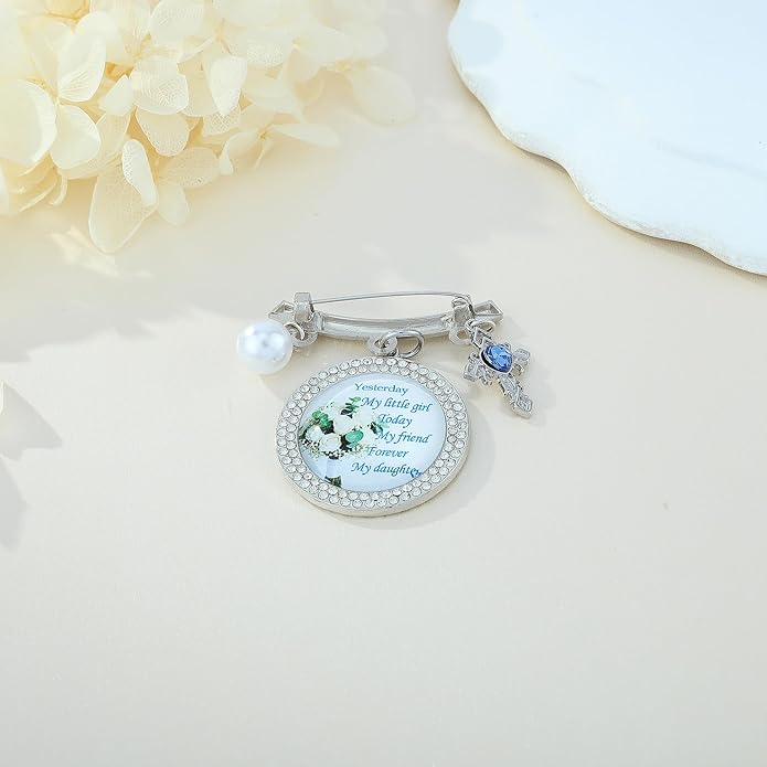 Wedding Bridal Pin, Something Blue Silver Crystal Brooch with Blue Heart Charm, Pearl Accent and Sentimental Message for Mother of Bride Gift