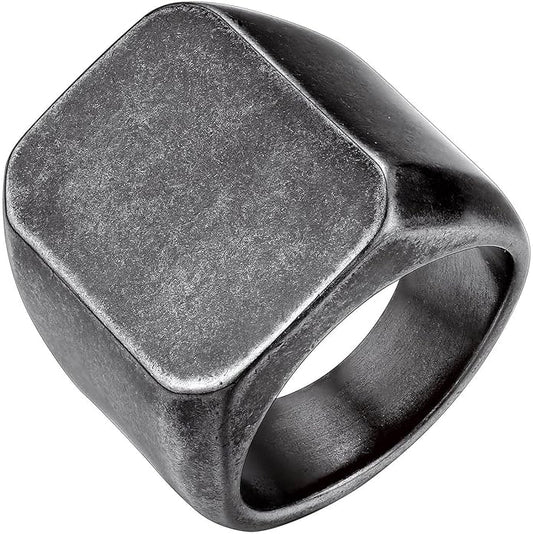 Bestyle Stainless Steel Signet Ring for Men Women in Gold/Black/Silver/Vintage Gray Tone, Chunky Thick Heavy Dome Band Ring Cool Finger Ring, Gift for Dad Husband, Size 7-14 Customizable