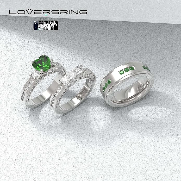 TWO RINGS Wedding Ring Sets His And Hers Promise Ring Couples Bridal Sets Women 925 Sterling Silver square Cz Man Stainless Steel Brushed Finished Wedding Bands