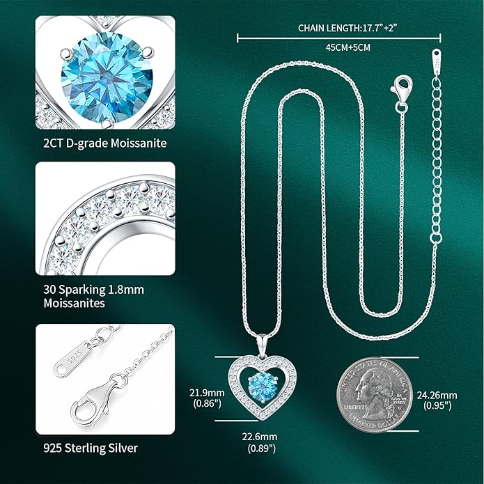 31-Stone Birthstone Heart Necklace for Women | 2ct Moissanite & 30 Sparkling Accents | Valentine's Day, Birthday,Mother's Day, Christmas Gift for Wife, Mother, Girlfriend