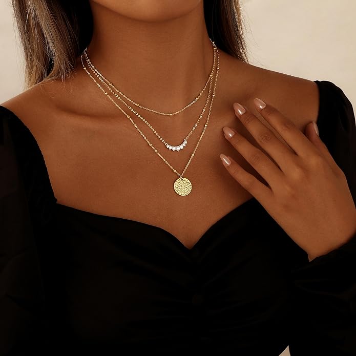 Layered Necklaces for Women 14K Gold Plated Stack Circle Pendant Trendy Long Chain Stackable Handmade Coin Necklace Set Dainty Gold Stacked Jewelry Gifts