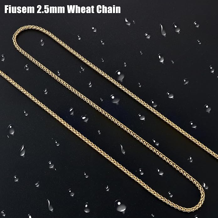 Fiusem Wheat Chains for Men and Women, 2/2.5/3/4/5mm Silver Tone/14K Gold Plated/Black Necklace Chain, Stainless Steel Mens Necklace 16-28 Inch