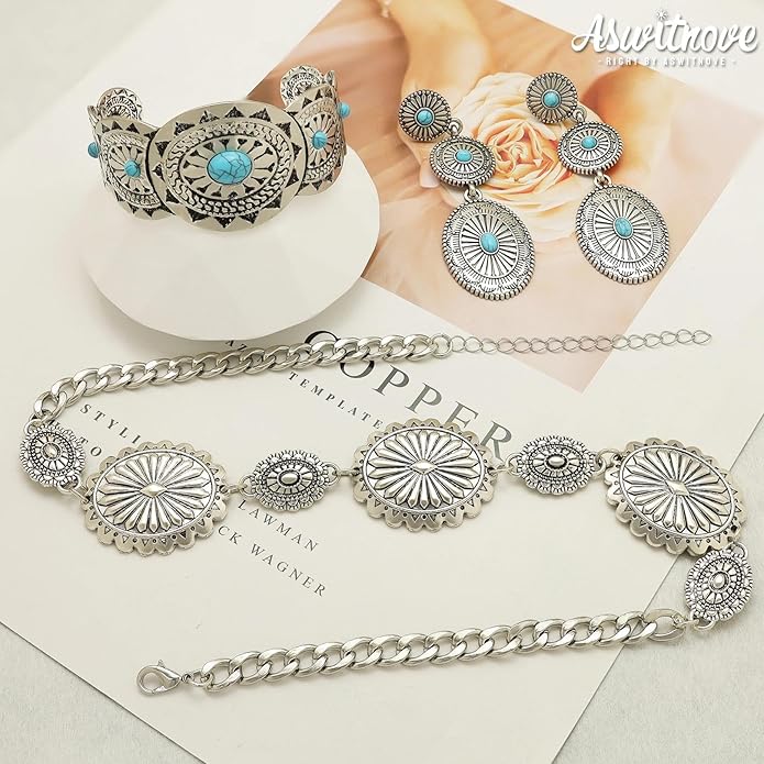 3 Pcs Western Concho Costume Jewelry Set for Women Western Dangle Earrings Boho Choker Necklace Bohemian Cuff Bracelet Cowboy Chic Country Concert Outfits for Women Christmas Jewelry Gift