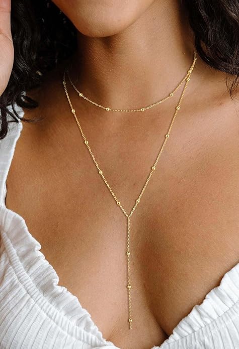 Lariat Necklace for Women, Dainty Long Necklaces, 14k Gold/Silver Plated Y-Shaped Drop Chain Necklace, Simple Layered Necklaces, Trendy Jewelry Gifts for Her