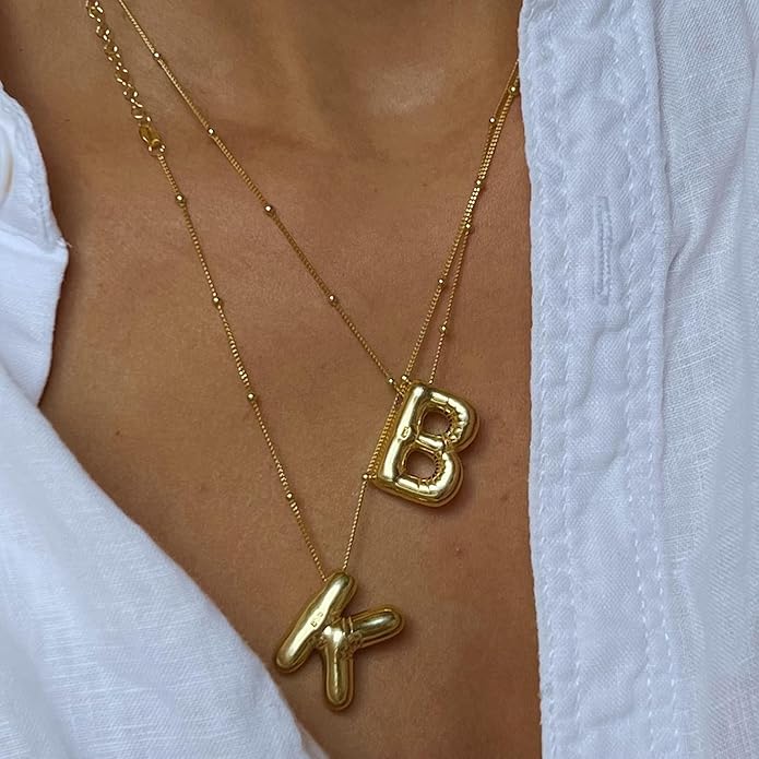 Initial Necklaces for Women, 14k Gold Plated Bubble Letter Necklace Chunky Gold Necklace Dainty Charm Initial Necklaces for Women Trendy Custom Preppy Stocking Stuff Necklace Christmas Gifts