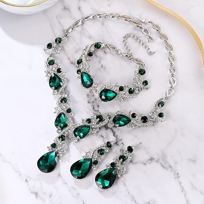 BriLove Wedding Bridal Jewelry for Women Multi Teardrop Cluster Crystal Statement Necklace Dangle Earrings Link Bracelet Set