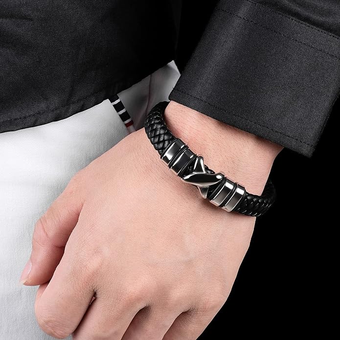 Leather Bracelet for Men Braided Cuff Wristband Stainless Steel Clasp in Silver and Gold Jewellery Gift