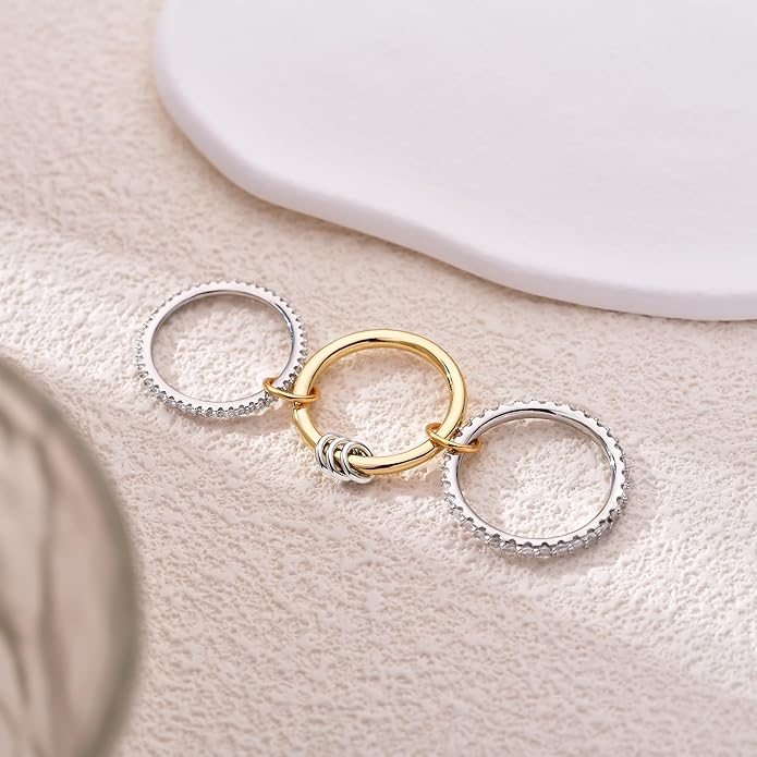 Canboer 14K Gold Plated Interlocked Stackable Rings for Women Non Tarnish,Gold and Silver Cubic Zirconia Statement Rings Set,Mixed Metals Ring Two-Toned Connected Bands Stacking Jewelry