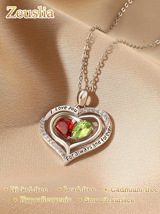 Zeuslia Double Birthstone Necklace Gifts for Wife - 925 Sterling Silver Sunflower/Rose/Crown Cross/Compass/Heart Pendant I Love You Necklace, Anniversary Birthday Gifts for Wife Girlfriend Mom Her