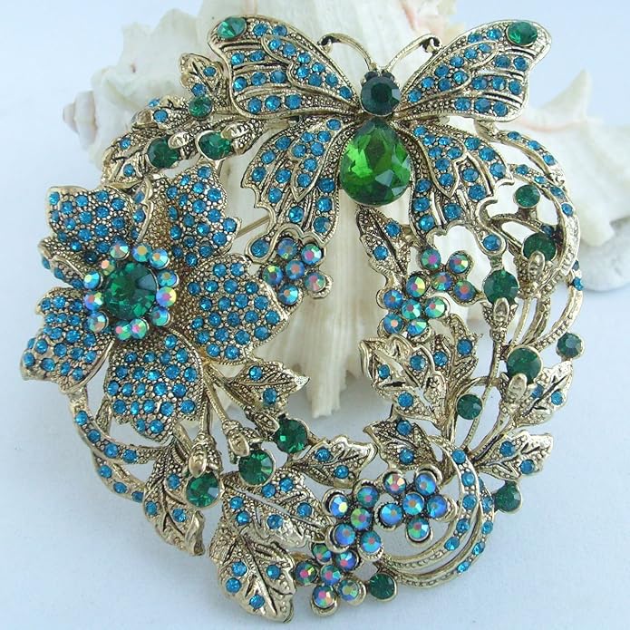 Art Style 3.54" Butterfly Flower Brooch Pin Pendant Rhinestone Crystal BZ4489