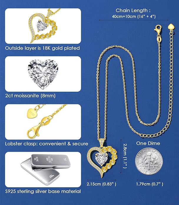 Beam & Bask 2-3 Carat Moissanite Rose Flower Heart Necklace for Her, Sterling Silver Plated with 18K Gold, Birthday, Wedding, Anniversary Pendant Jewelry for Girlfriend, Wife, Bride, Soulmate
