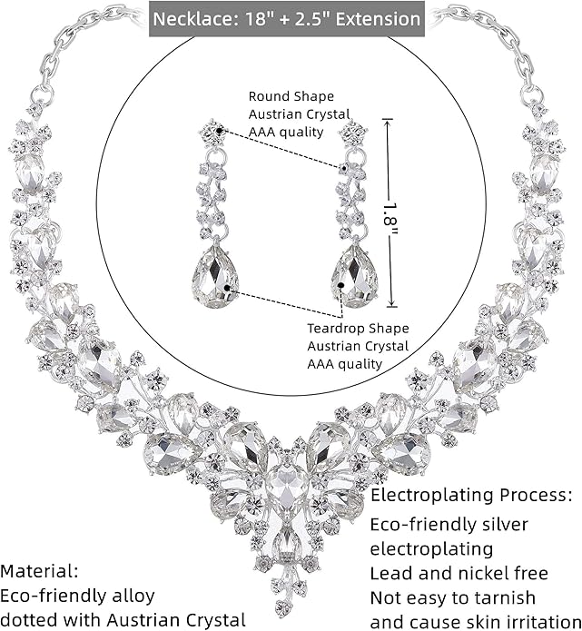 Paxuan Crystal Bridal Wedding Jewelry Sets for Women Rhinestone Teardrop Crystal Statement Choker Necklace Drop Earrings Link Bracelets Rings Teardrop Jewelry Set for Brides Bridesmaids
