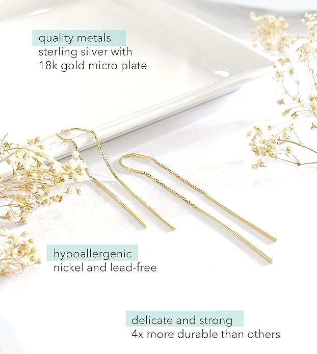 Altitude Boutique Threader Chain Earrings for Women | Gold Vermeil or Sterling Silver Long Dangle Earrings | Gold Drop Earrings Long Chain Earrings for Women, Dangle Earrings