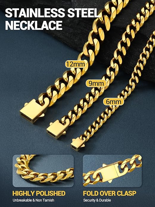 PROSTEEL Miami Cuban Link Chain for Men, 18K Gold/Black/Stainless Steel Necklace,6mm/9mm/12mm Width, Upgrade Clasp & Durable Chain for Mens Womens Jewelry,18"-30",with Gift Box