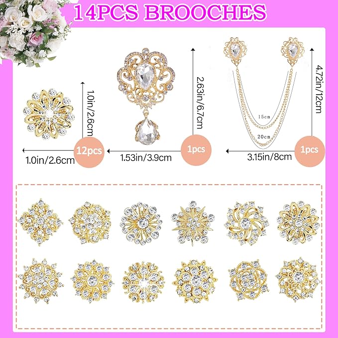 Yhsheen Gold Rhinestone Brooches Pin Kits Crystal Pearl Brooches for Bouquets for Wedding Decoration Accessories Jewelry Making Crafts(Gold-14PCS)-B