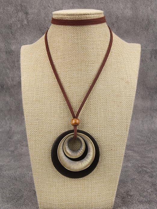 Long Boho Necklaces for Women Vintage Leather Wooden Pendant Y Choker Ethnic Style Gold Circle Hippie Sweater Necklace