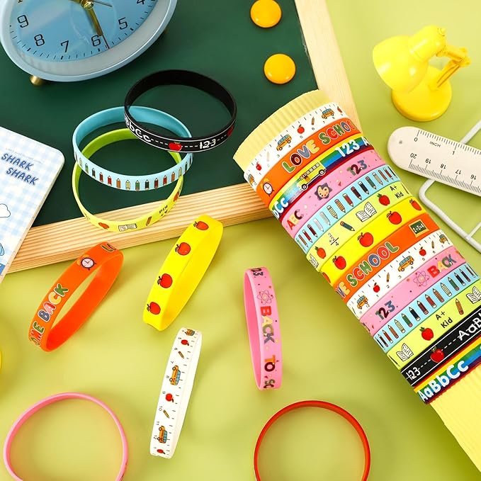 JUNEBRUSHS 64Pcs Welcome Back to School Party Favors Silicone Bracelets Rubber Wristbands for First Day of School Party Decorations Kindergarten Preschool Favors Supplies(8 Designs)