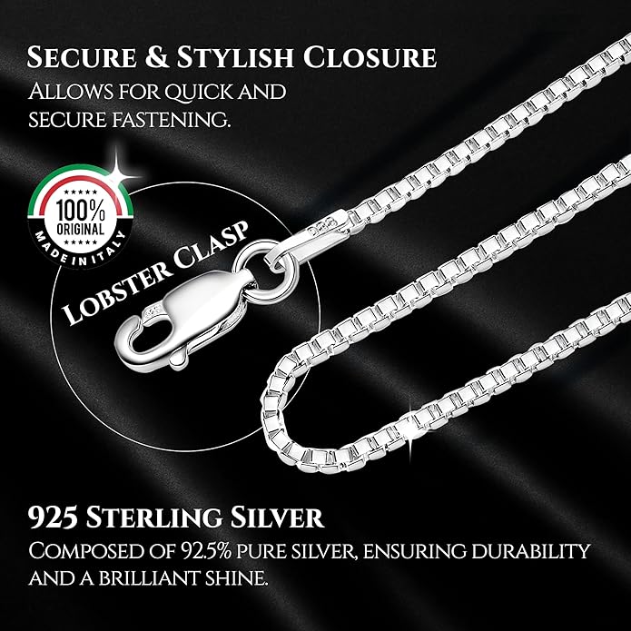 DSS 925 Sterling Silver Necklace for Women, Box Chain 1.5mm, Lobster Claw Clasps, Sterling Silver Chain, Italian Jewelry for Women, 16in - 36in