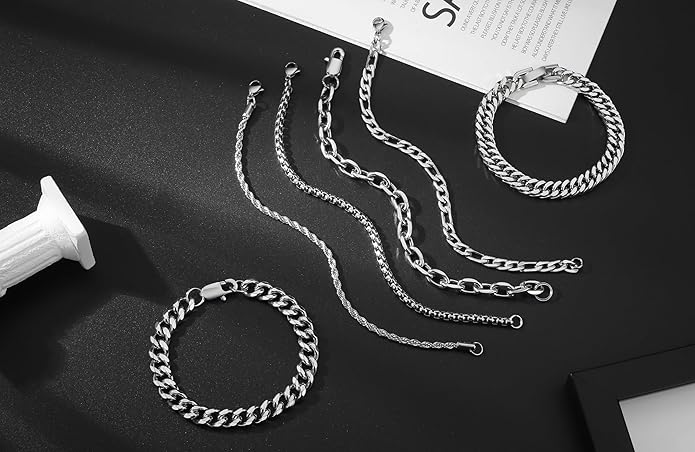 XIANNVXI 6pcs Stainless Steel Bracelets for Men Women Silver/Gold/Black Cuban Link Rope Paperclip Chain Bracelets Set 6.5/7/7.5/8.3/9 Inches Metal Bracelet Mens Fashion Accessories Jewelry Set