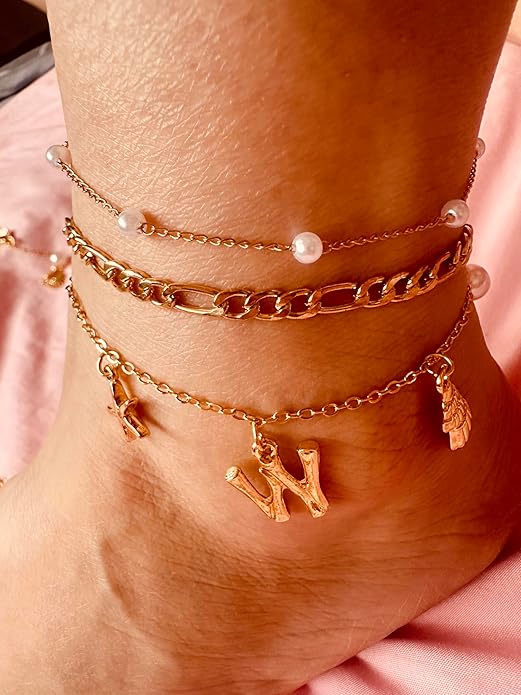 Initial Charm Anklets For Women Shell Letter Anklets Set Gold Charms Pendant Boho Summer Seashell Beach 14k Jewelry for Women Gift