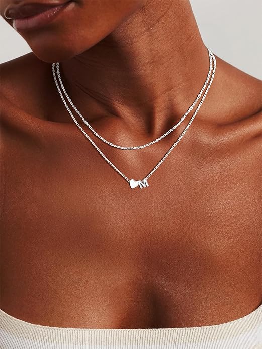 FOCALOOK Layered Initial Necklace for Women, 14K Gold Plated Choker Necklaces Stacks with Initial A-Z, Dainty Silver Heart Pendant Necklace Personalized Birthday Women Jewelry