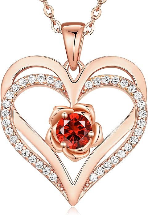 CDE Christmas Gifts for Women S925 Silver Rose Gold Heart Birthstone Necklaces for Women，Ideal Anniversary or Birthday Jewelry Gifts for Wife Girlfriend Her