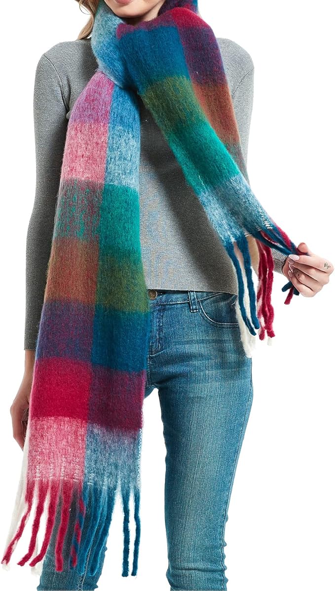 SHOHOKU Large Chunky Plaid Scarf Coloured Checked Oversized Scarf Tassel Soft Fall Winter Thick Warm Shawl Women