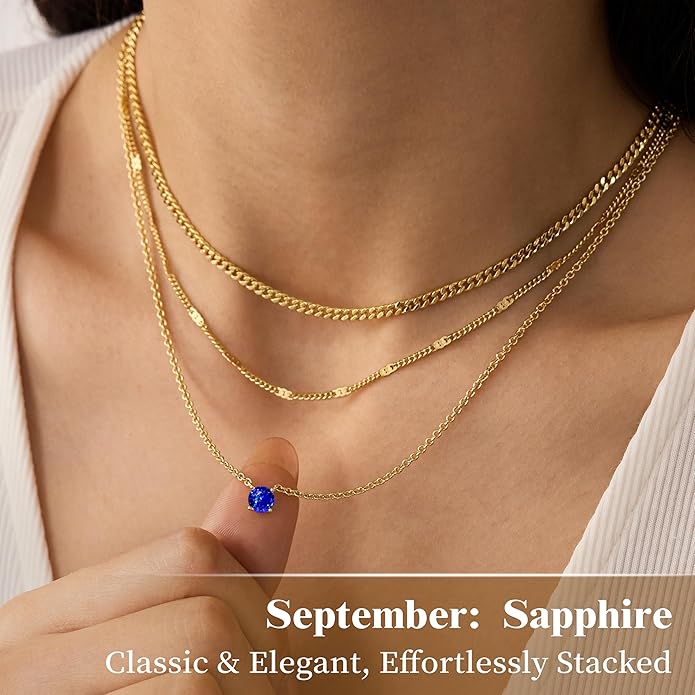 WomenGifts Layered Gold Necklaces for Women, 14K Gold Sterling Silver Plated Dainty Pendant Necklace Set with Cubic Zirconia Circle, Chunky Stackable Cuban Chain Choker, Trendy Personalized Birthstone Jewelry Gift Non Tarnish