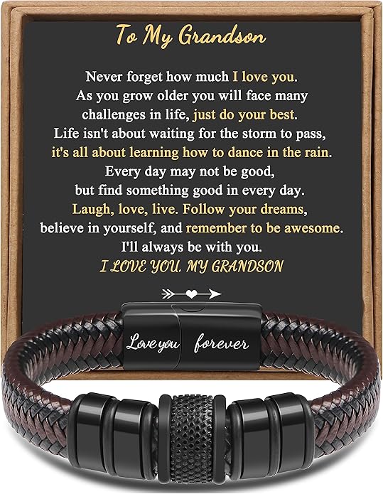 𝐆𝐢𝐟𝐭 𝐟𝐨𝐫 𝐌𝐞𝐧 Braided 𝐋𝐞𝐚𝐭𝐡𝐞𝐫 𝐁𝐫𝐚𝐜𝐞𝐥𝐞𝐭 for Men Dad Husband Boyfriend Son Grandson Brother Stainless Steel Clasp Engraved with Love You Forever Jewelry Birthday Gift 7.5 8.5 9 Inch