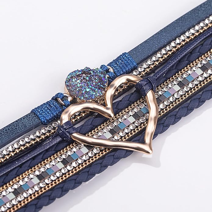 FANCY SHINY Heart Leather Wrap Bracelets Stackable Boho Cuff Bangles Trendy Resin Stone Rhinestone Bracelets with Magnetic Clasp for Women